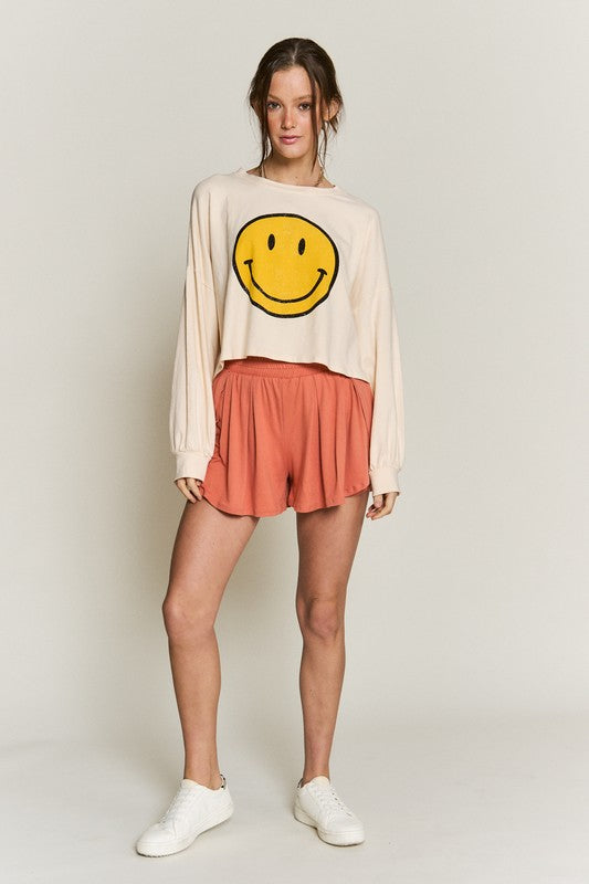 Smiley Face Long Sleeve Crop Top | Available in 4 Colors